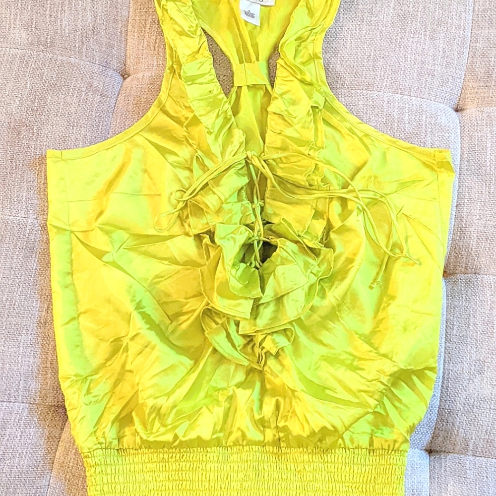 NWOT! Arden B. (S) Chartreuse, Lace-Up, Ruffled, Sleeveless Blouse